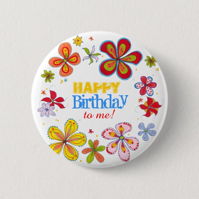 Funky Retro Big Flowers Custom Birthday Button Pin (Front)