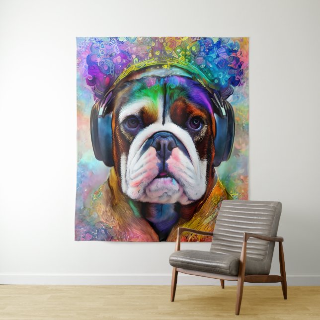 Funky Retro Bulldog Wearing Headphone Tapestry (In Situ)