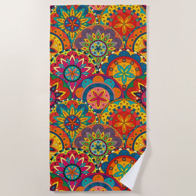 Funky Retro Colourful Mandala Pattern Beach Towel (Front)