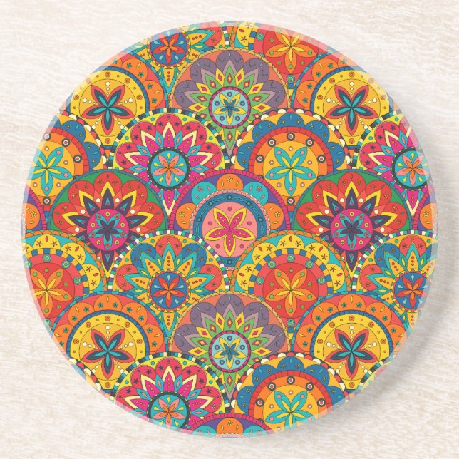 Funky Retro Colourful Mandala Pattern Coaster (Front)