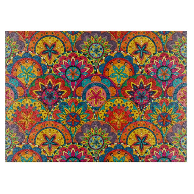 Funky Retro Colourful Mandala Pattern Cutting Board (Front)