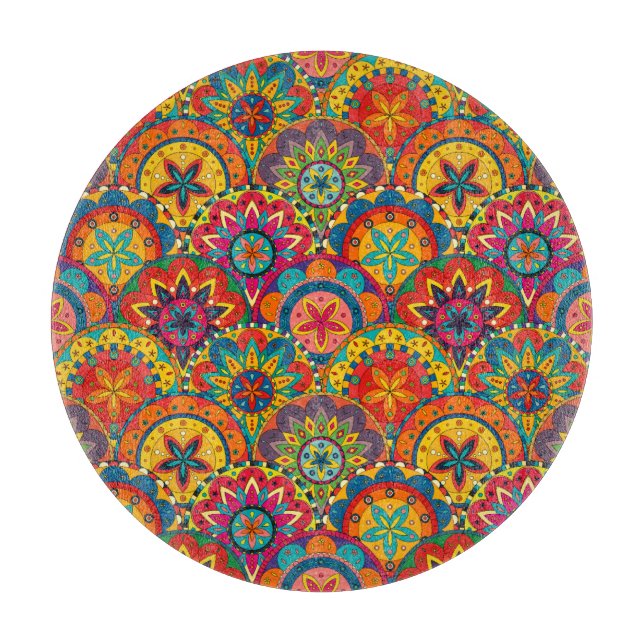 Funky Retro Colourful Mandala Pattern Cutting Board (Front)