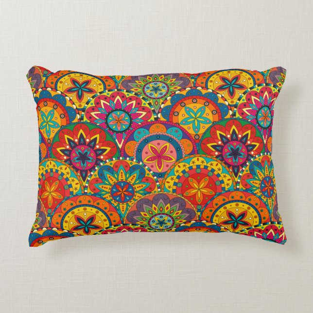 Funky Retro Colourful Mandala Pattern Decorative Cushion (Front)