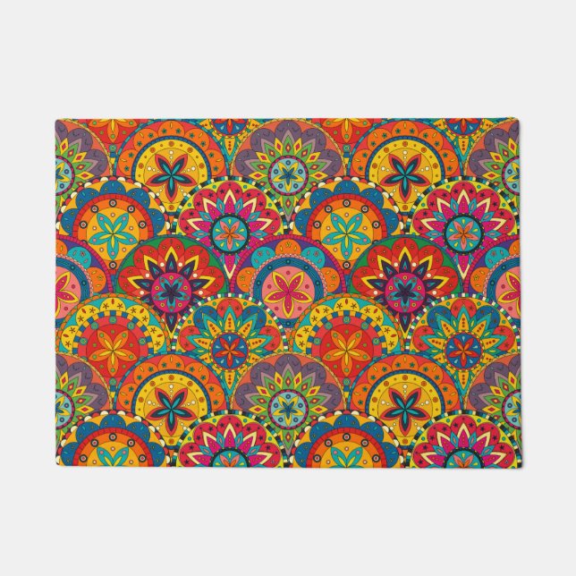 Funky Retro Colourful Mandala Pattern Doormat (Front)