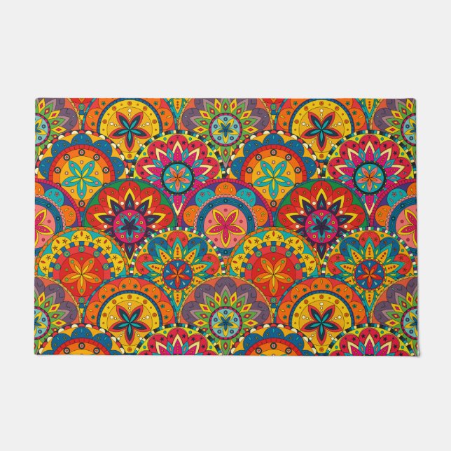 Funky Retro Colourful Mandala Pattern Doormat (Front)