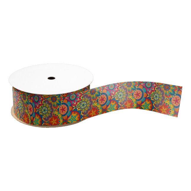 Funky Retro Colourful Mandala Pattern Grosgrain Ribbon (Spool)