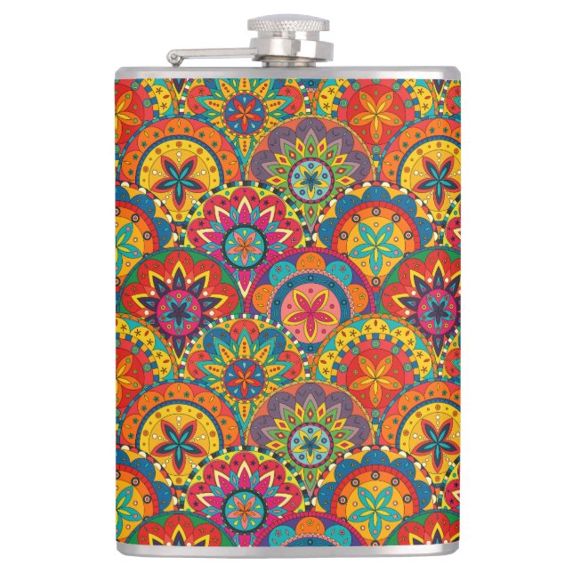 Funky Retro Colourful Mandala Pattern Hip Flask (Front)