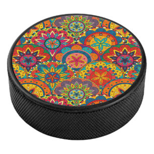 Funky Retro Colourful Mandala Pattern Hockey Puck