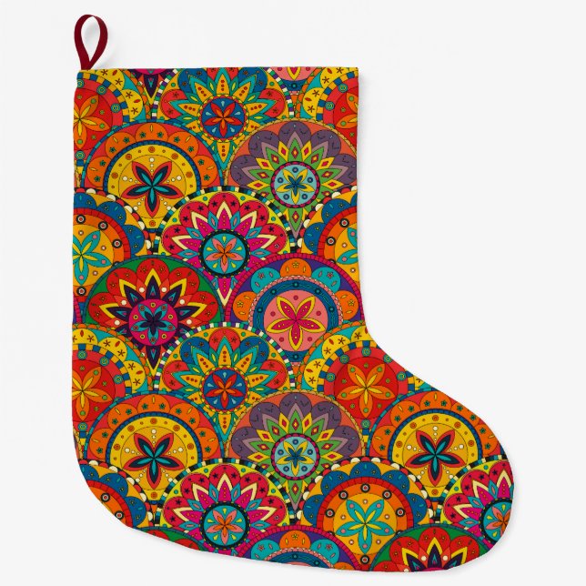 Funky Retro Colourful Mandala Pattern Large Christmas Stocking (Front)