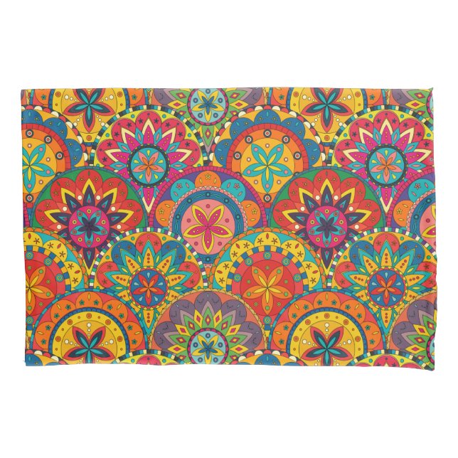 Funky Retro Colourful Mandala Pattern Pillowcase (Front)