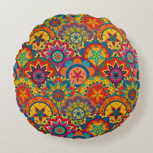 Funky Retro Colourful Mandala Pattern Round Cushion
