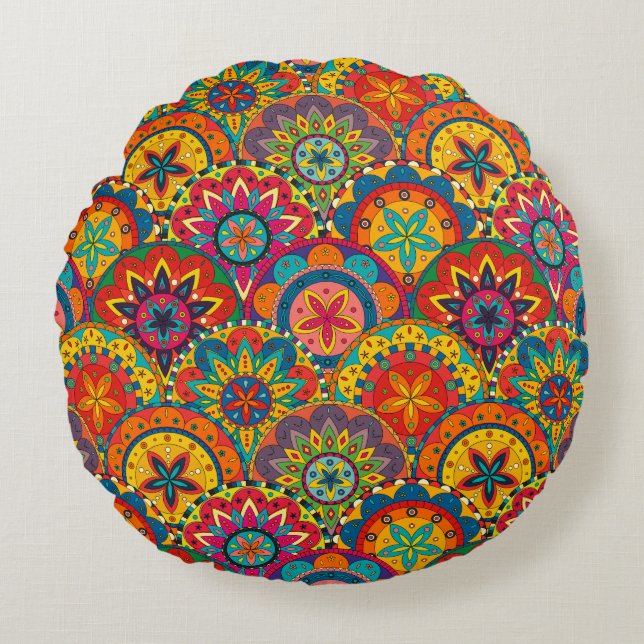 Funky Retro Colourful Mandala Pattern Round Cushion (Front)