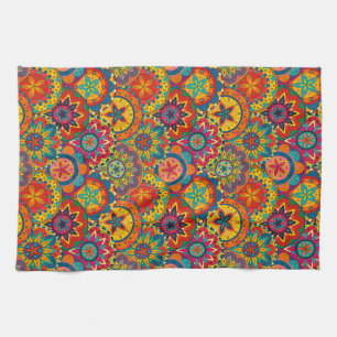 Funky Retro Colourful Mandala Pattern Tea Towel