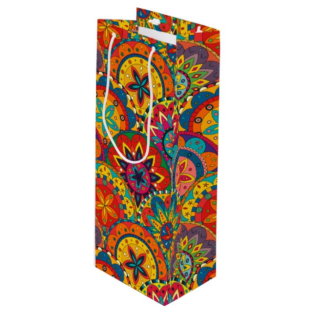Funky Retro Colourful Mandala Pattern Wine Gift Bag (Front Angled)