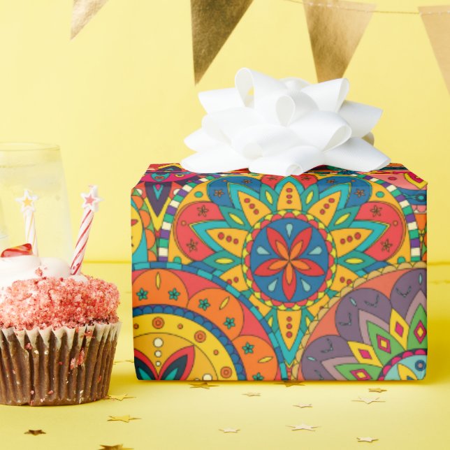 Funky Retro Colourful Mandala Pattern Wrapping Paper (Birthday Party)