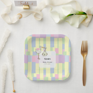 Funky Retro Cubism Stark Delivery Baby Shower Paper Plate