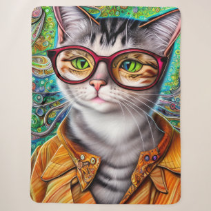 Funky Retro Cute Cat Wearing Glasses Artwork Sherpa Blanket