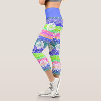 Funky Retro Floral On Chic Cool Stripes Pattern Capri Leggings