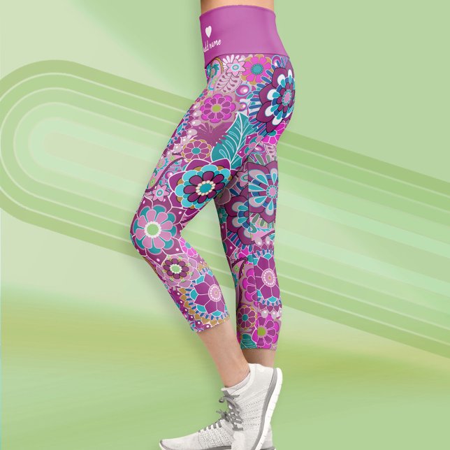 Funky Retro Floral Pattern with Name - purple blue Capri Leggings (Custom Leggings)