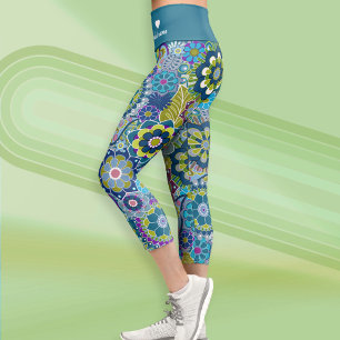 Funky Retro Floral Pattern with Name - teal blue Capri Leggings