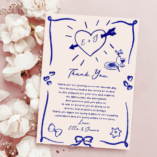 Funky Retro Hand Drawn Blue Wedding Thank You Card