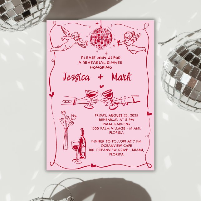 Funky Retro Hand drawn Wedding Rehearsal Dinner Invitation (Creator Uploaded)
