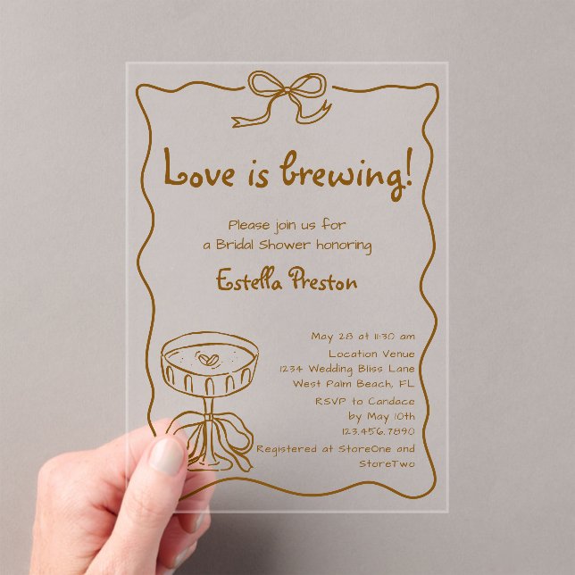 Funky Retro Love is Brewing Martini Bridal Shower Acrylic Invitations (Insitu (Handheld))