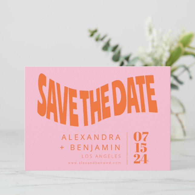 Funky Retro Mod Unique Photo Pink Orange Custom Save The Date (Standing Front)