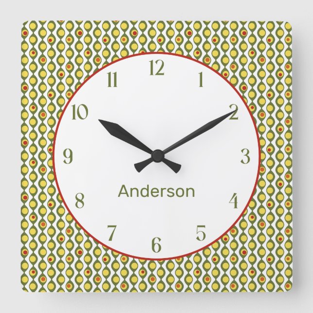 Funky Retro Olive Bead Custom Colours Pattern Square Wall Clock (Front)
