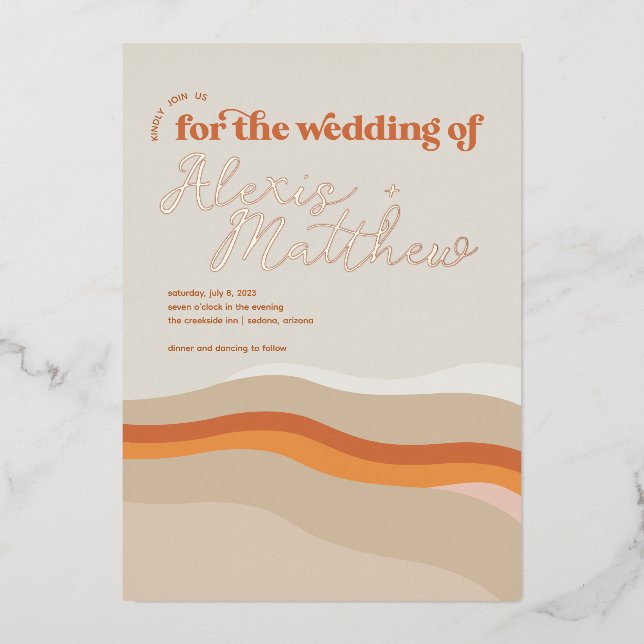 Funky Retro Orange Peach and Gold Desert Wedding (Front)