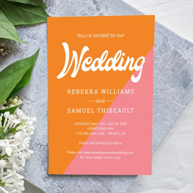 Funky Retro Orange Pink Colour Block Wedding Invitation (Creator Uploaded)