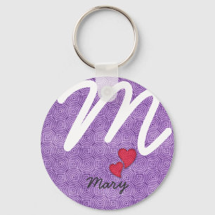Funky Retro Pattern Custom Text Purple Key Ring