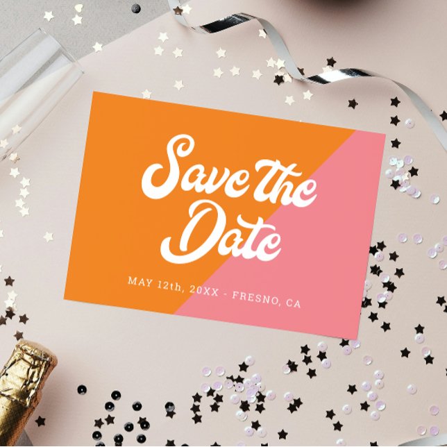 Funky Retro Pink Orange Wedding Save The Date (Creator Uploaded)