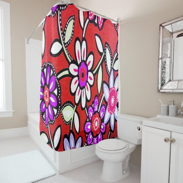Funky Retro Red Flowers Shower Curtain (In Situ)