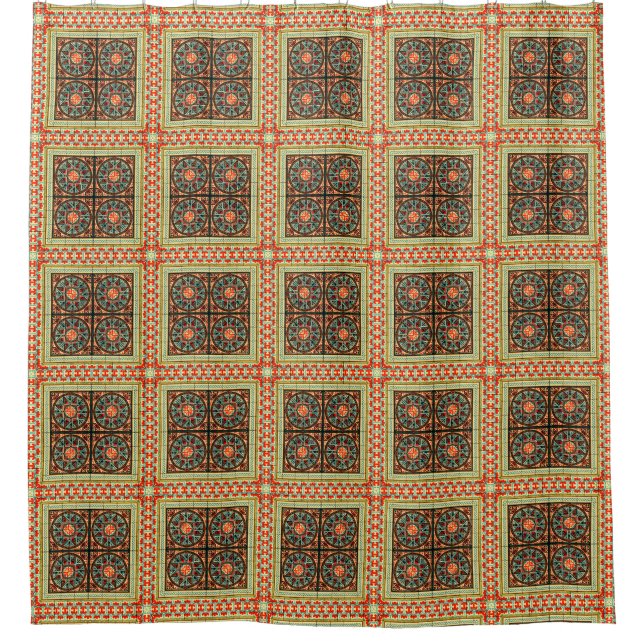 Funky Retro Square and Circle Tile Pattern Shower Curtain (Front)