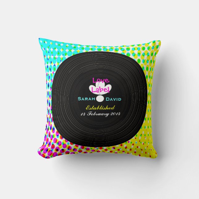 Funky Retro Vinyl Record Theme Wedding Gift Cushion (Front)