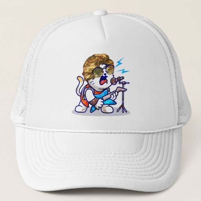 Funky Rockstar Cat – Cool Music Lover Kitty Trucker Hat (Front)