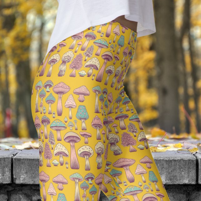 Funky Saffron Orange Wild Sh'rooms Pattern Leggings (Wild Sh'rooms on Saffron Leggings)