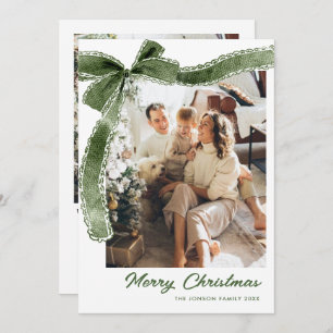 Funky Sage Green Christmas Bow Ribbon 2 Photo Holiday Card