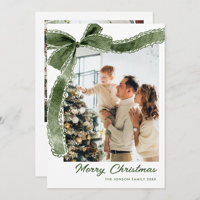 Funky Sage Green Christmas Bow Ribbon 2 Photo Holiday Card (Front/Back)