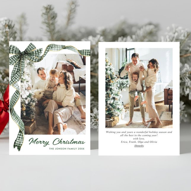Funky Sage Green Christmas Bow Ribbon 2 Photo Holiday Card (Creator Uploaded)