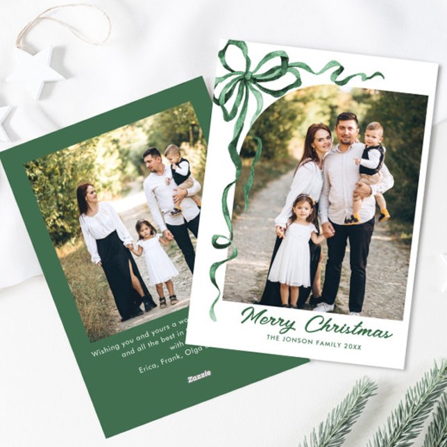 Funky Sage Green Christmas Bow Ribbon 2 Photo Holiday Card (Creator Uploaded)