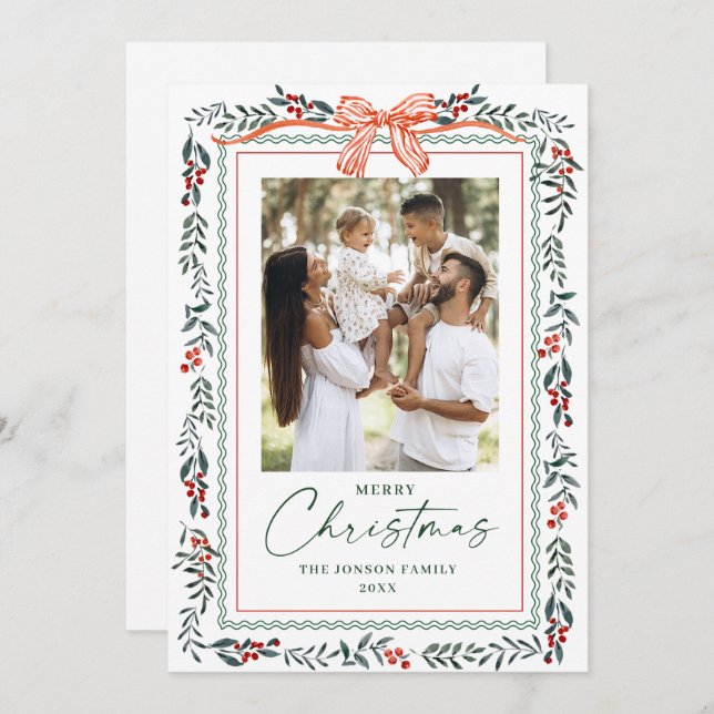 Funky Sage Green Christmas Bow Ribbon 2 Photo Holiday Card (Front/Back)