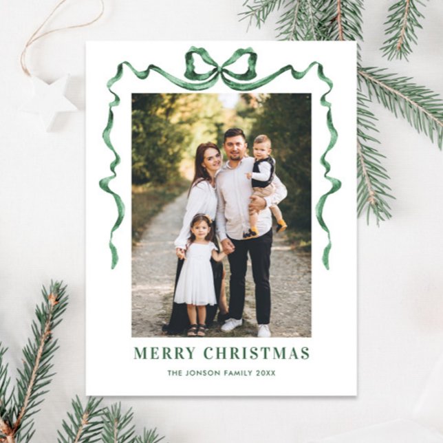 Funky Sage Green Christmas Bow Ribbon 2 Photo Postcard (Creator Uploaded)