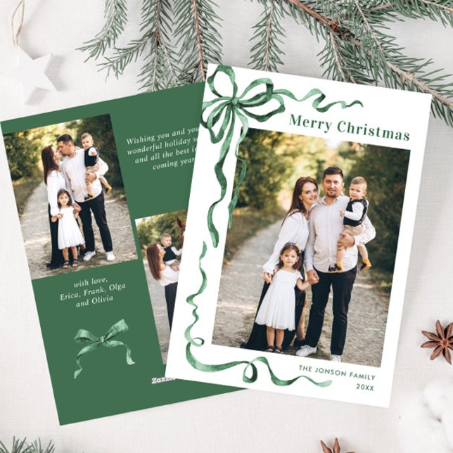 Funky Sage Green Christmas Bow Ribbon 3 Photo Holiday Card (Creator Uploaded)