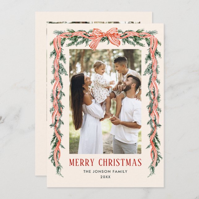 Funky Sage Green Christmas Bow Ribbon 5 Phot Holiday Card (Front/Back)