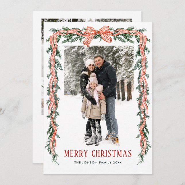 Funky Sage Green Christmas Bow Ribbon 5 Photo Holiday Card (Front/Back)