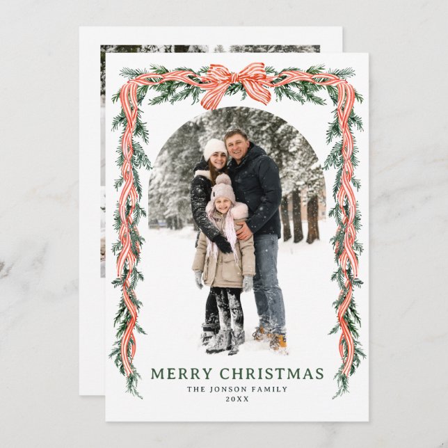 Funky Sage Green Christmas Bow Ribbon 5 Photo Holiday Card (Front/Back)