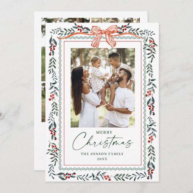 Funky Sage Green Christmas Bow Ribbon 5 Photo Holiday Card (Front/Back)