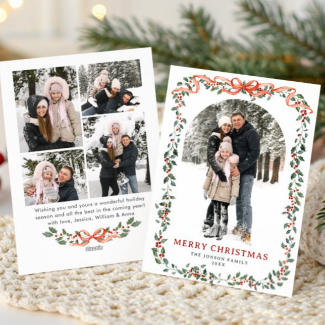 Funky Sage Green Christmas Bow Ribbon 5 Photo Holiday Card (Creator Uploaded)